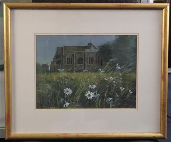 Paul Evans (20th C.) Church viewed from a field, 8.75 x 11.75in.